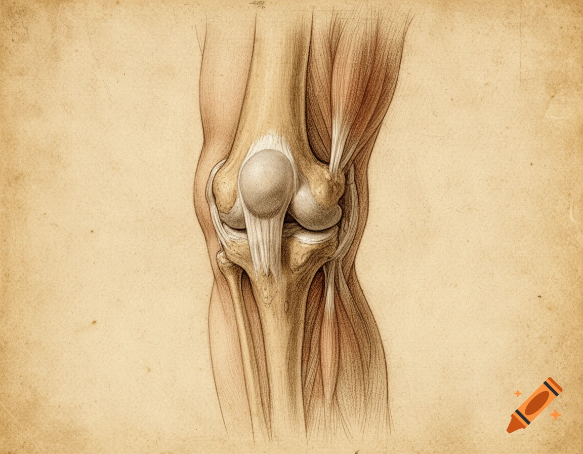 Vintage anatomical drawing of a human knee showing bones, muscles, and ligaments on aged paper.