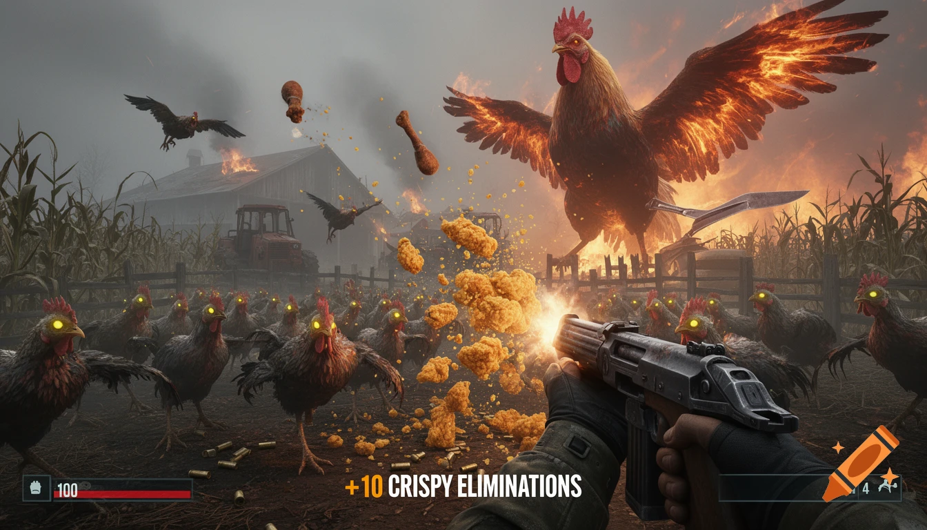 First-person view of a character shooting an assault rifle at a horde of glowing-eyed zombie chickens and a giant flaming rooster in a burning farmyard, with game UI showing '+10 Crispy Eliminations'.