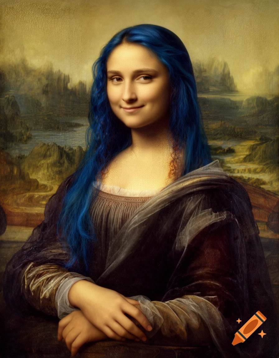 A stylized painting of a woman with the likeness of Mona Lisa, featuring long, bright blue hair and a slight smile.