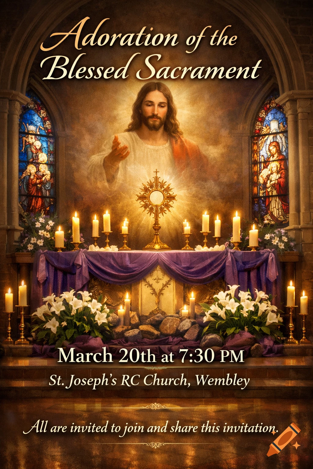 A religious poster for 'Adoration of the Blessed Sacrament' with Jesus, a monstrance, candles, and stained glass windows.