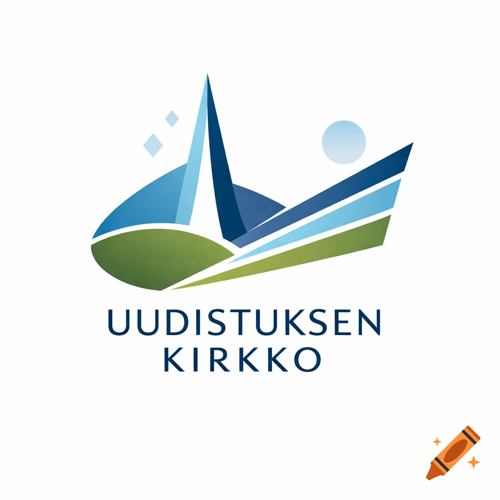 Abstract logo with blue and green shapes resembling land, water, and a spire, with the text 'UUDISTUKSEN KIRKKO'.