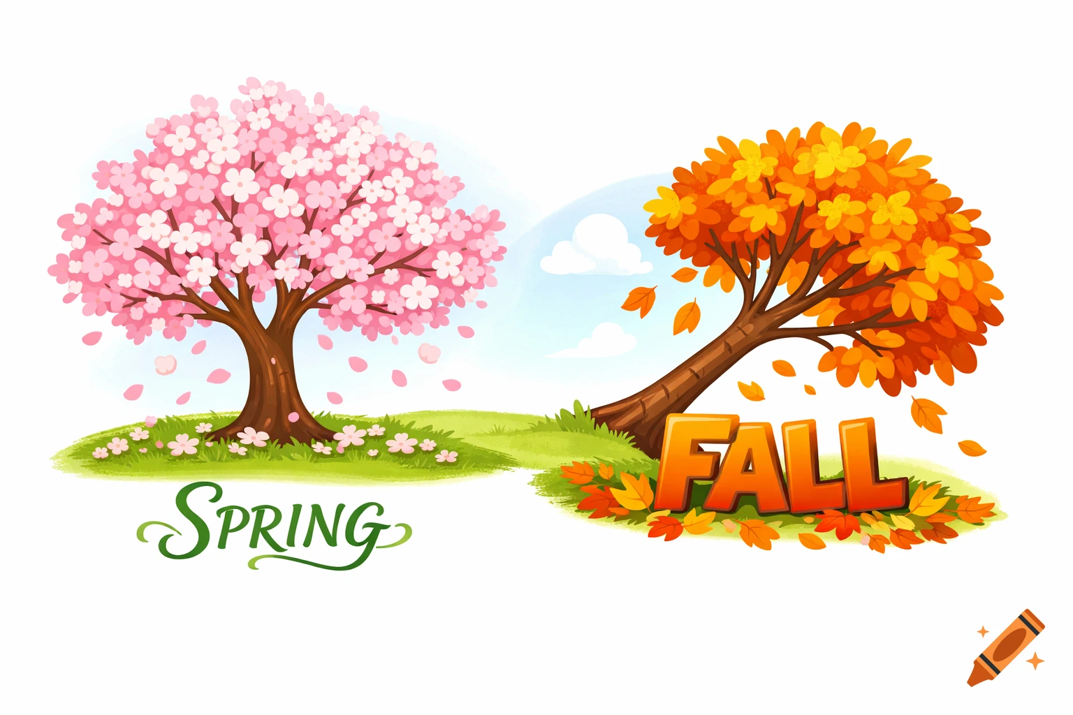 A cartoon illustration showing a pink cherry blossom tree labeled 'SPRING' and an orange autumn tree leaning over labeled 'FALL'.