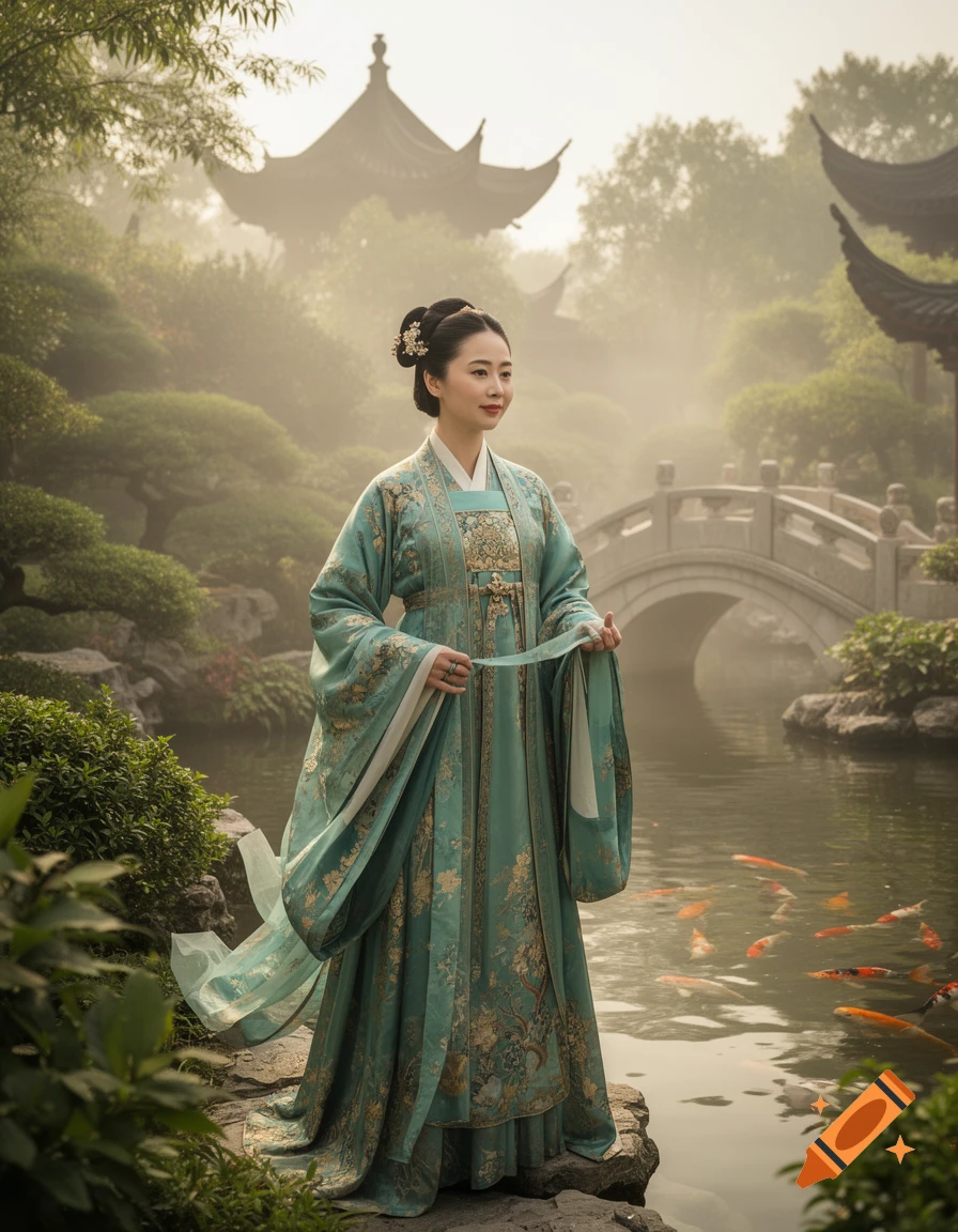 A woman in an elegant teal and gold embroidered Hanfu stands by a koi pond in a misty classical Chinese garden with pagodas.