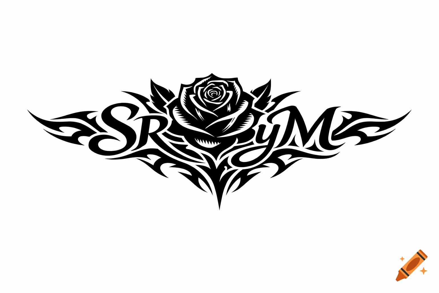 Black tribal tattoo style logo with a rose at the center and initials SRyM integrated into elegant flowing lines.