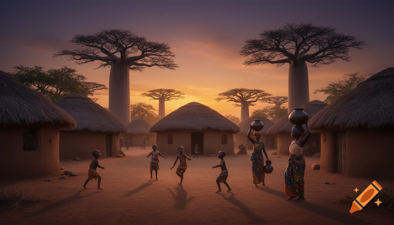 A photorealistic scene of an African village at sunset, with children playing, women carrying water pots, thatched huts, and baobab trees.