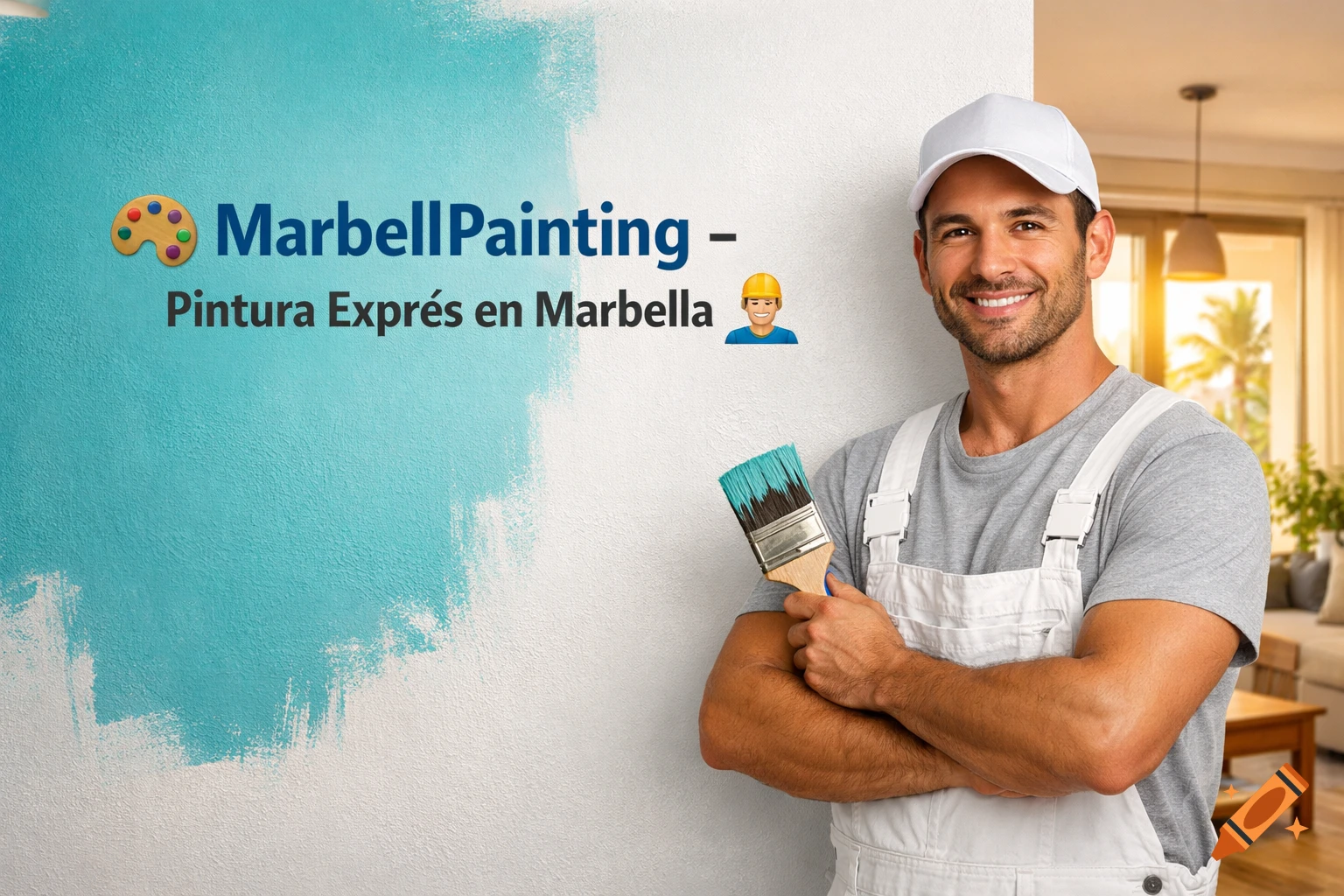 Smiling painter in white overalls holding a blue paintbrush next to a wall partially painted light blue with business text.