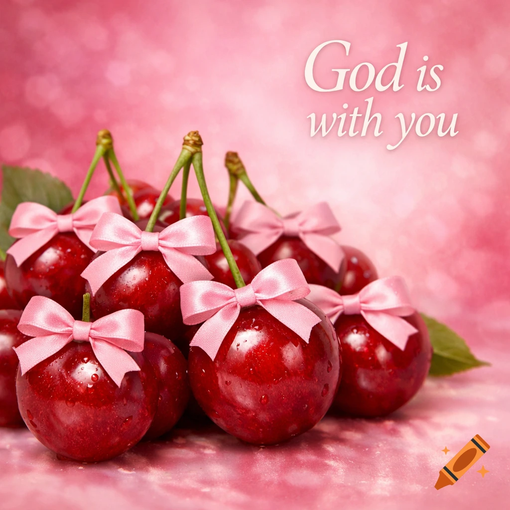 Close-up of fresh red cherries adorned with small pink bows, set against a soft pink bokeh background with the text 'God is with you'.