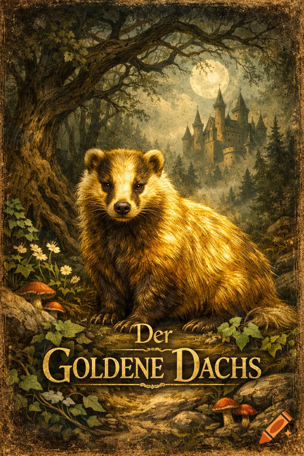 A golden-furred badger sits in a mystical forest with a castle and moon, in an ancient German fairy tale style. Title: Der Goldene Dachs.