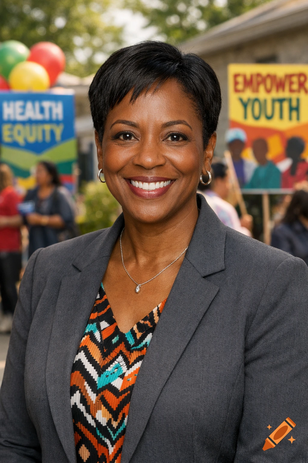 A smiling Black woman in a blazer and colorful top, standing outdoors in front of blurred signs that read "HEALTH EQUITY" and "EMPOWER YOUTH".