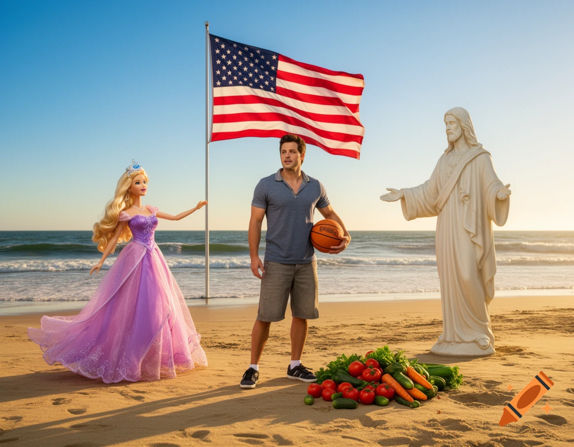 A Barbie doll in a purple gown, a man holding a basketball, a statue of Jesus, and vegetables are on a beach with an American flag.