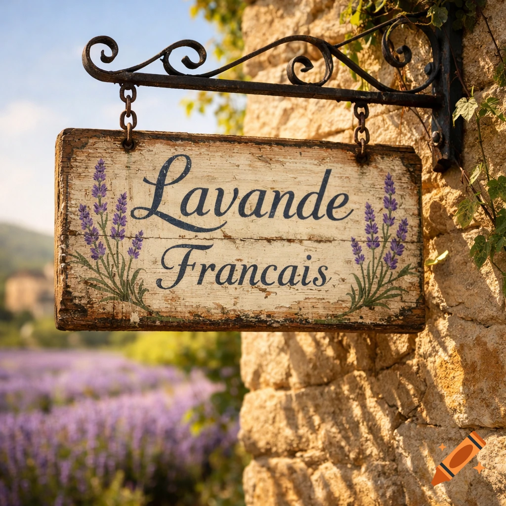 Rustic wooden sign saying 'Lavande Fran cais' (French Lavender) hanging on a stone wall, overlooking a vibrant lavender field.
