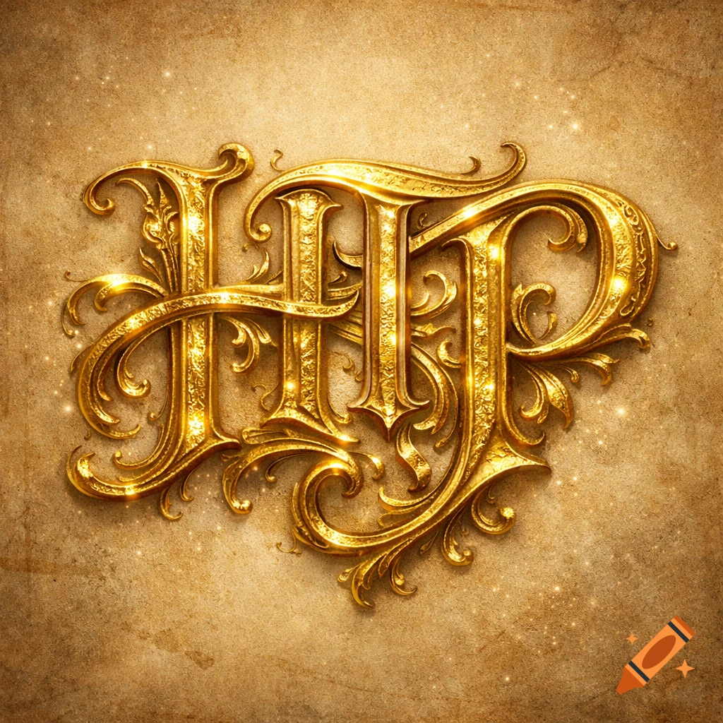 Ornate golden intertwined letters H, T, P on a textured, sparkling brown background.