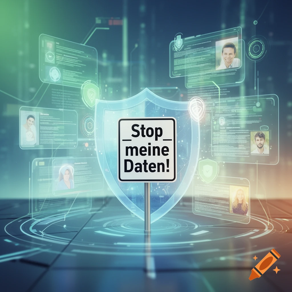 A digital shield with a "Stop meine Daten!" sign, surrounded by glowing holographic screens with user profiles and data in a futuristic setting.