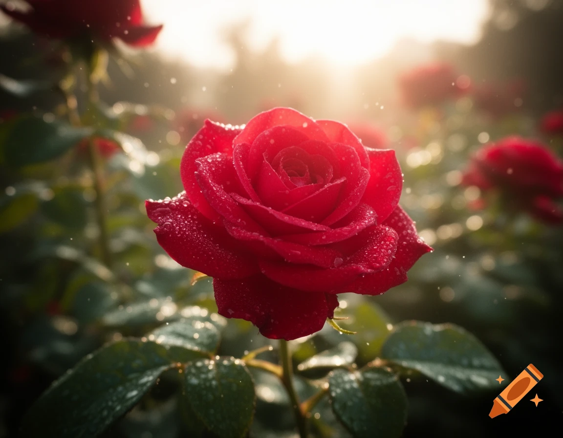 A vibrant red rose covered in dew drops, with sunlight glowing in the misty background.