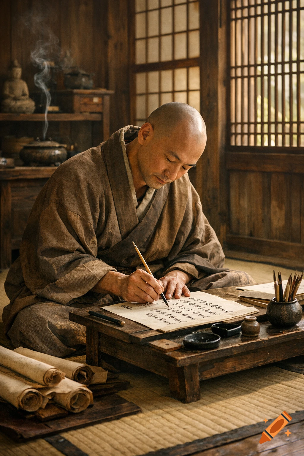 A bald Japanese monk in traditional robes sits on a tatami mat, focused on writing calligraphy with a brush on a paper scroll in a wooden room.