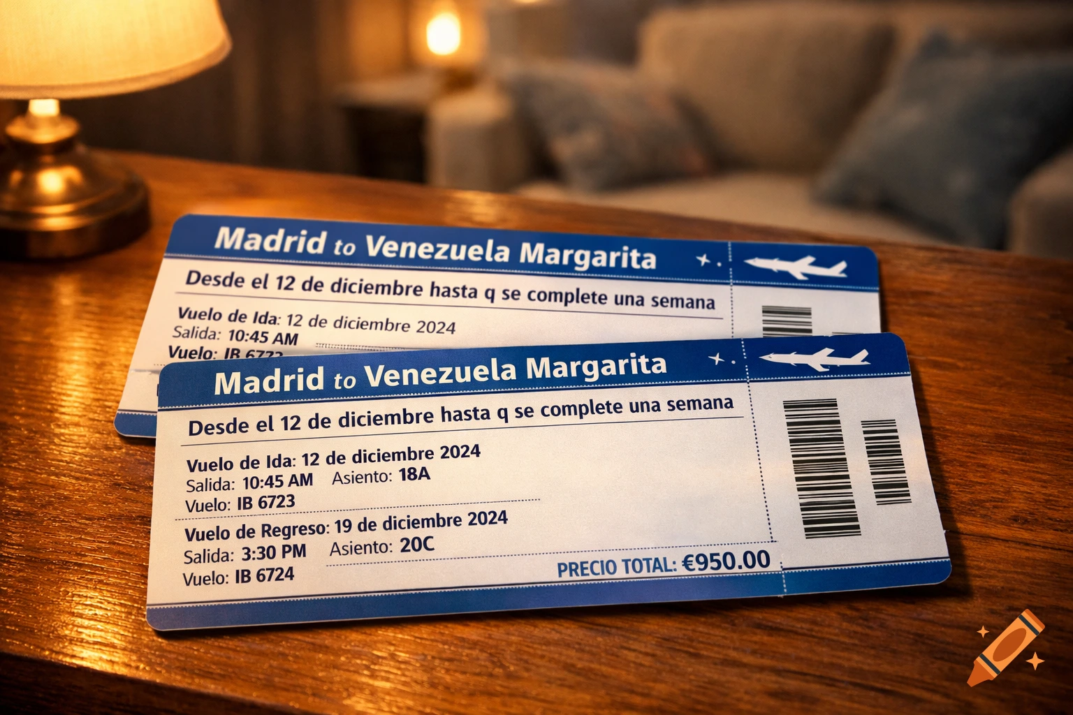 Two photorealistic airline tickets for a round trip from Madrid to Venezuela Margarita, lying on a wooden table next to a lamp.
