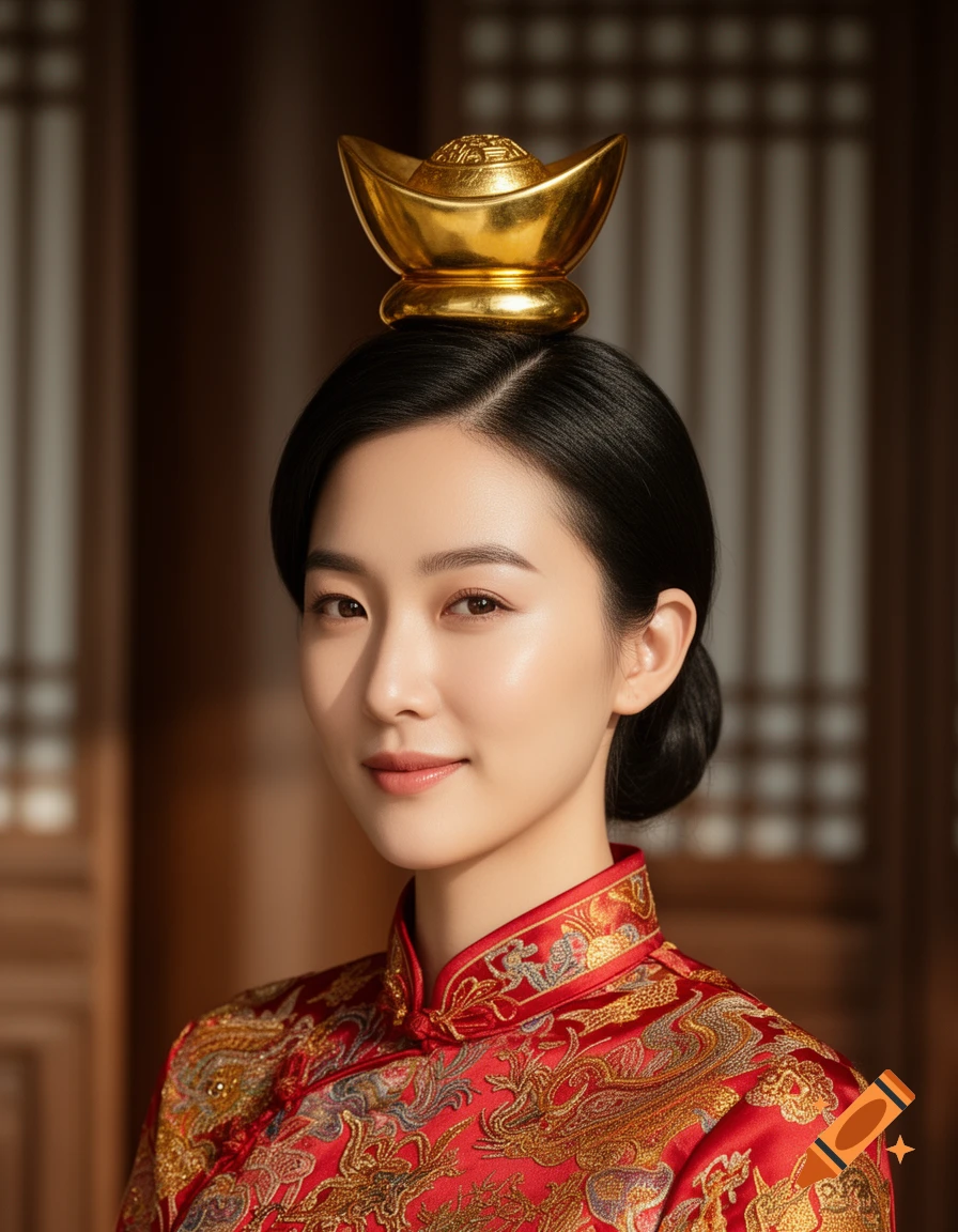 A woman in a red traditional Chinese dress with gold embroidery, a golden sycee balanced on her head.