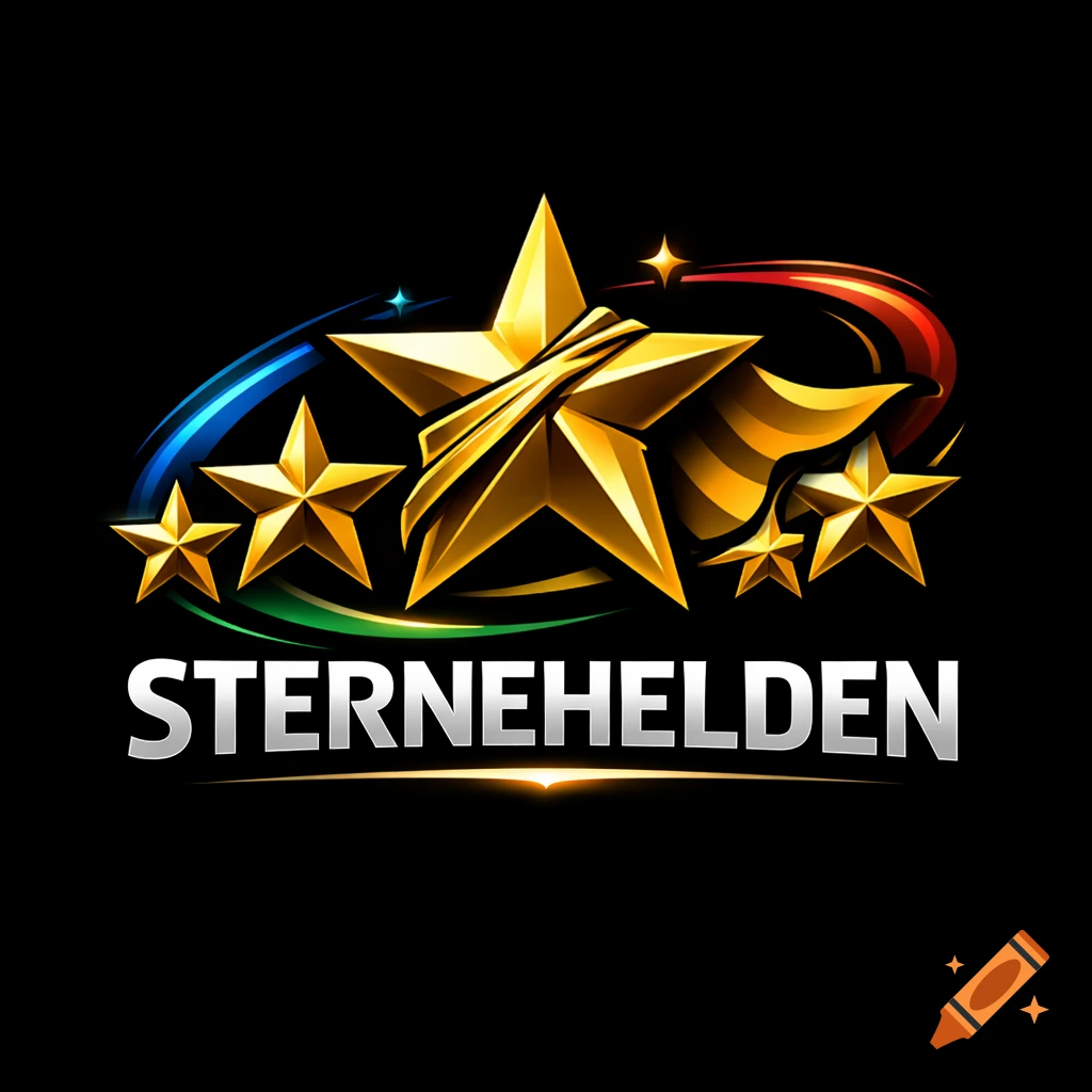 Modern, premium logo for 'Sternehelden' with five metallic gold stars, one as a heroic leader with a flowing cape, against a black background with subtle colored streaks.
