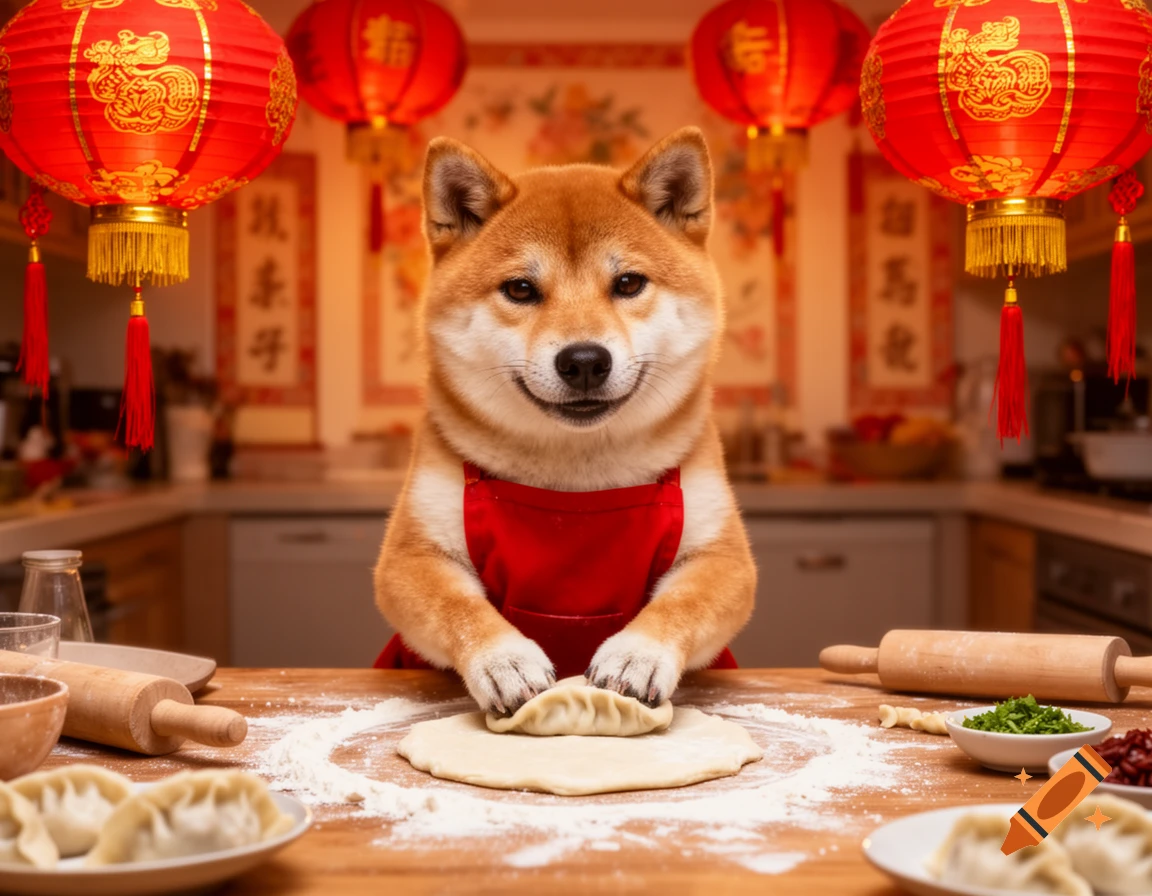 A photorealistic shiba inu wearing a red apron kneads dough to make dumplings in a festive kitchen with red Chinese lanterns.