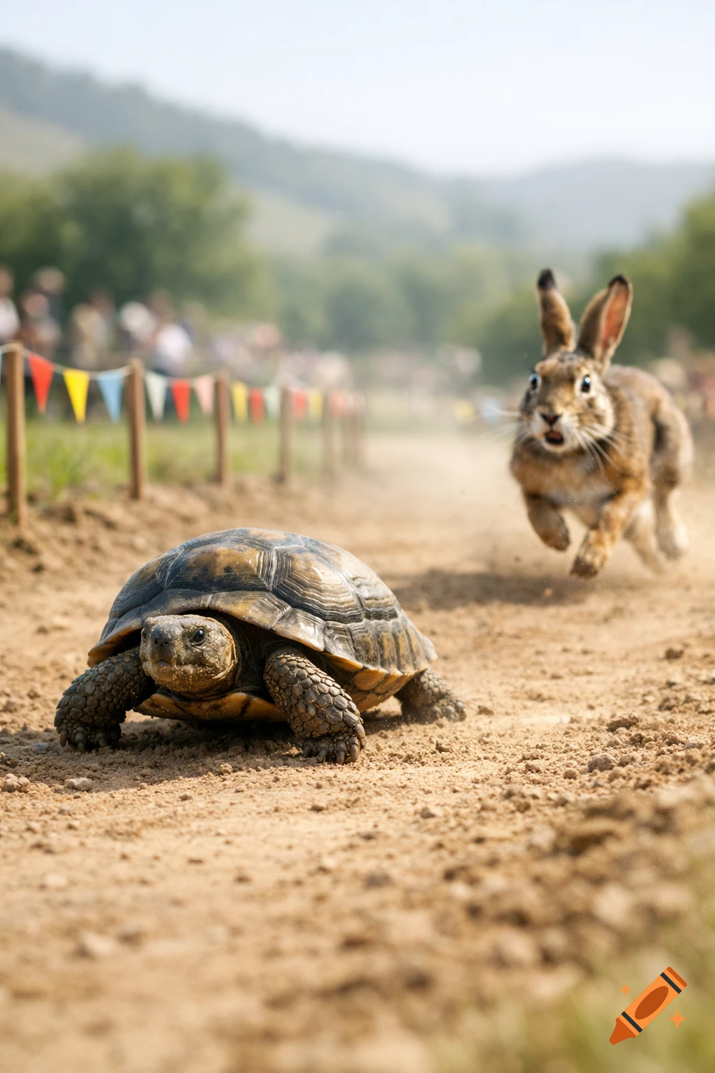 A photorealistic depiction of a tortoise and a hare racing on a dirt track, with the tortoise in the foreground and the hare running behind it.