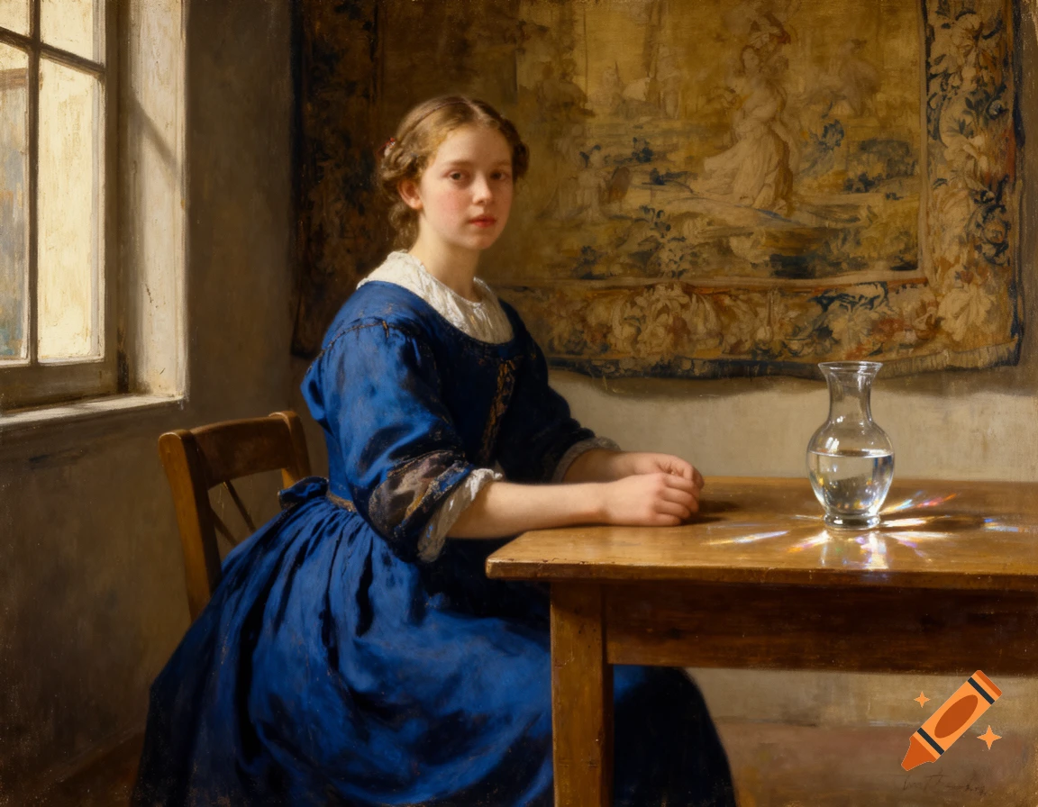 A young woman in a blue dress sits at a wooden table with a water jug, looking forward, in a classical painting style.