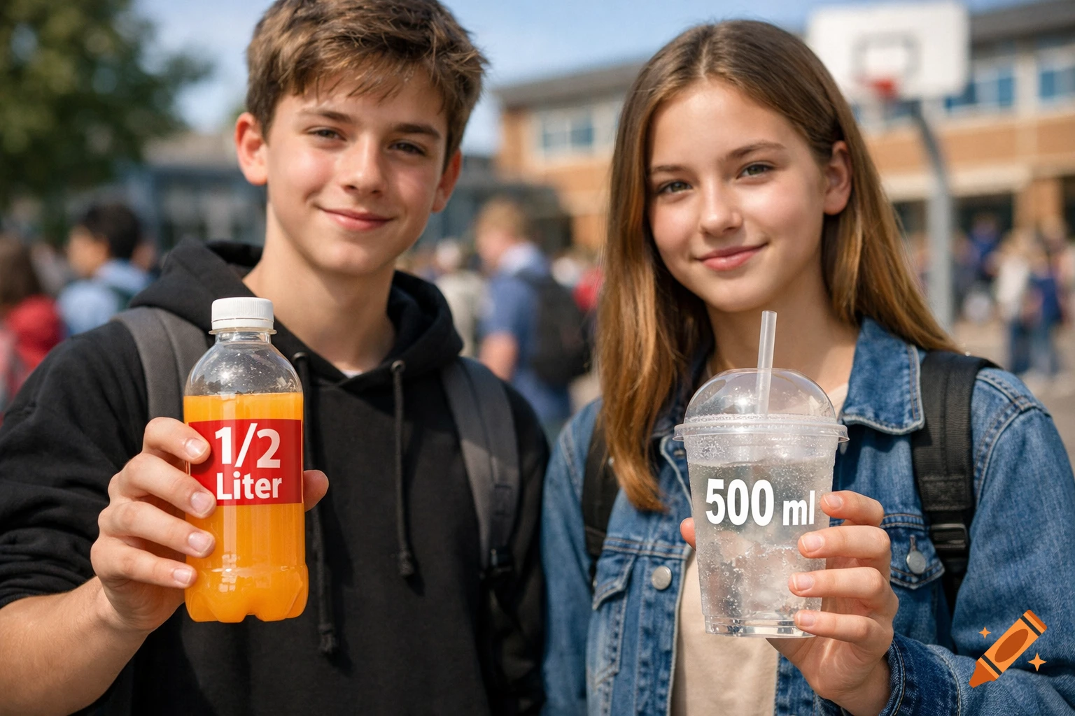Two smiling teenagers in a schoolyard, one holding a "1/2 Liter" orange juice bottle, the other a "500 ml" cup of water. Photorealistic.