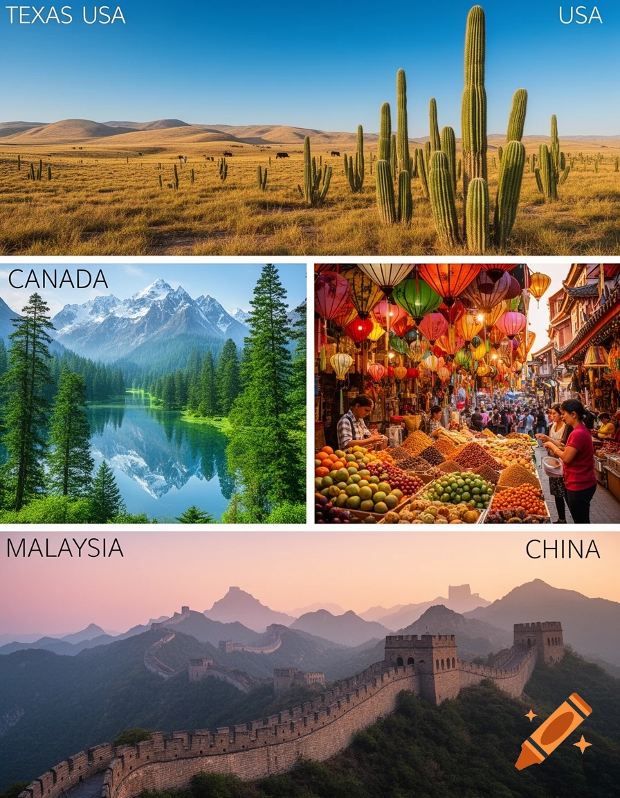 A four-panel collage featuring diverse landscapes: a desert with cacti in Texas USA, a mountainous lake with evergreen trees in Canada, a vibrant market street with lanterns in Malaysia, and the Great Wall of China at sunset.