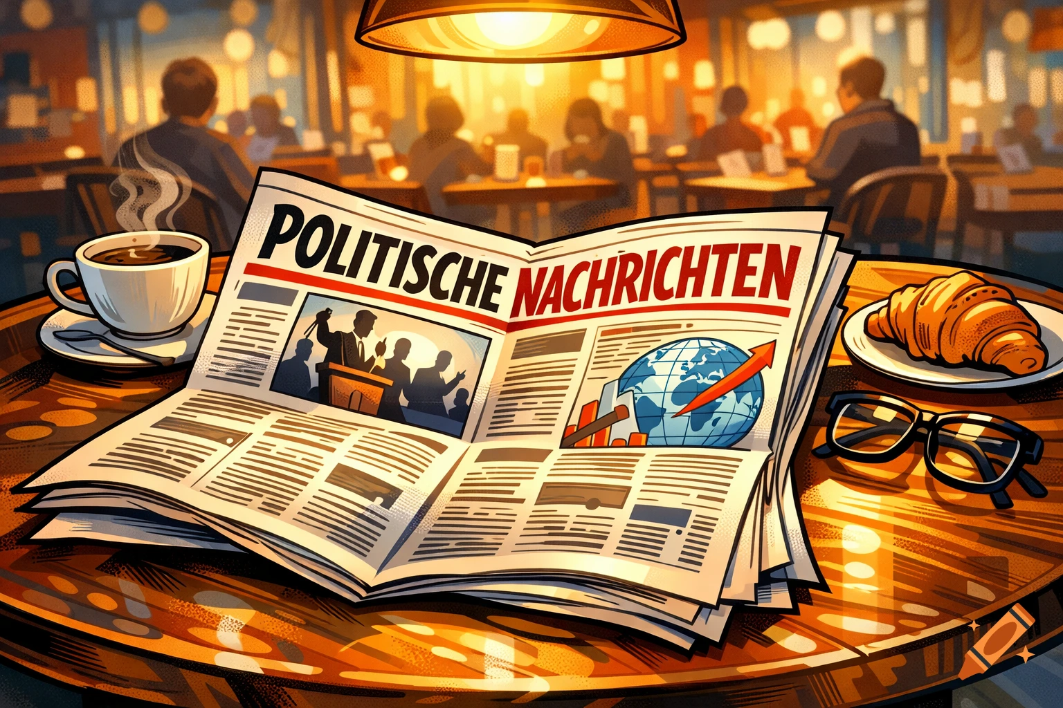 Comic-style illustration of an open newspaper with political news, a coffee cup, croissant, and glasses on a cafe table.