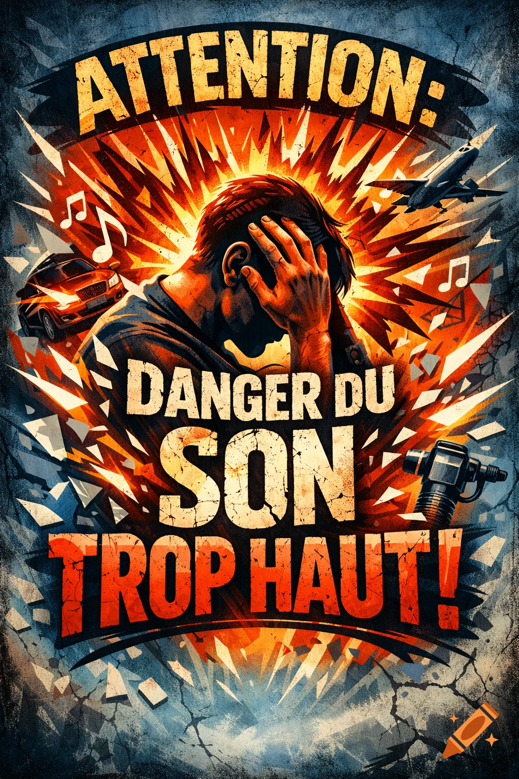 A grunge-style poster warns about loud noise, depicting a man clutching his head amid an explosion of sound from a car, plane, and drill. Text reads: "ATTENTION: DANGER DU SON TROP HAUT!"