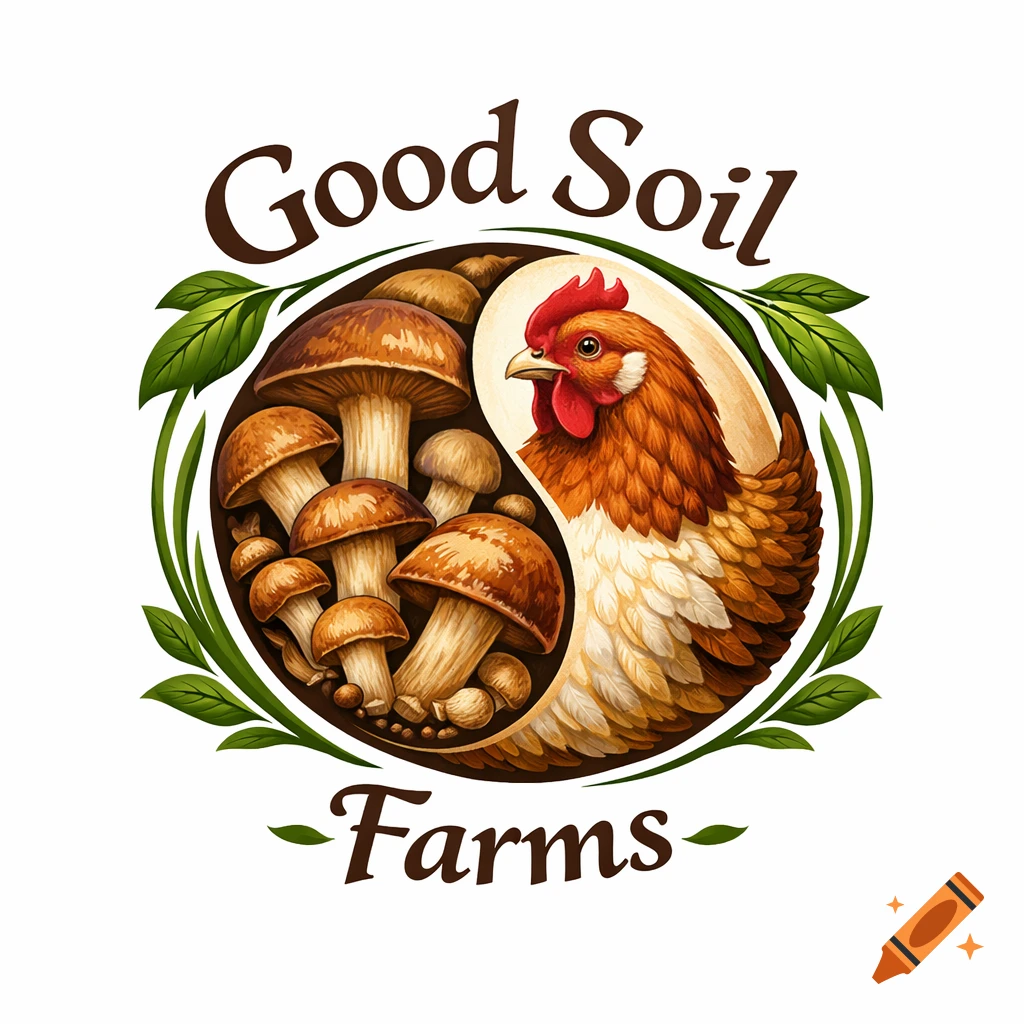 Logo for Good Soil Farms: a chicken and mushrooms in a yin-yang design, framed by green leaves.