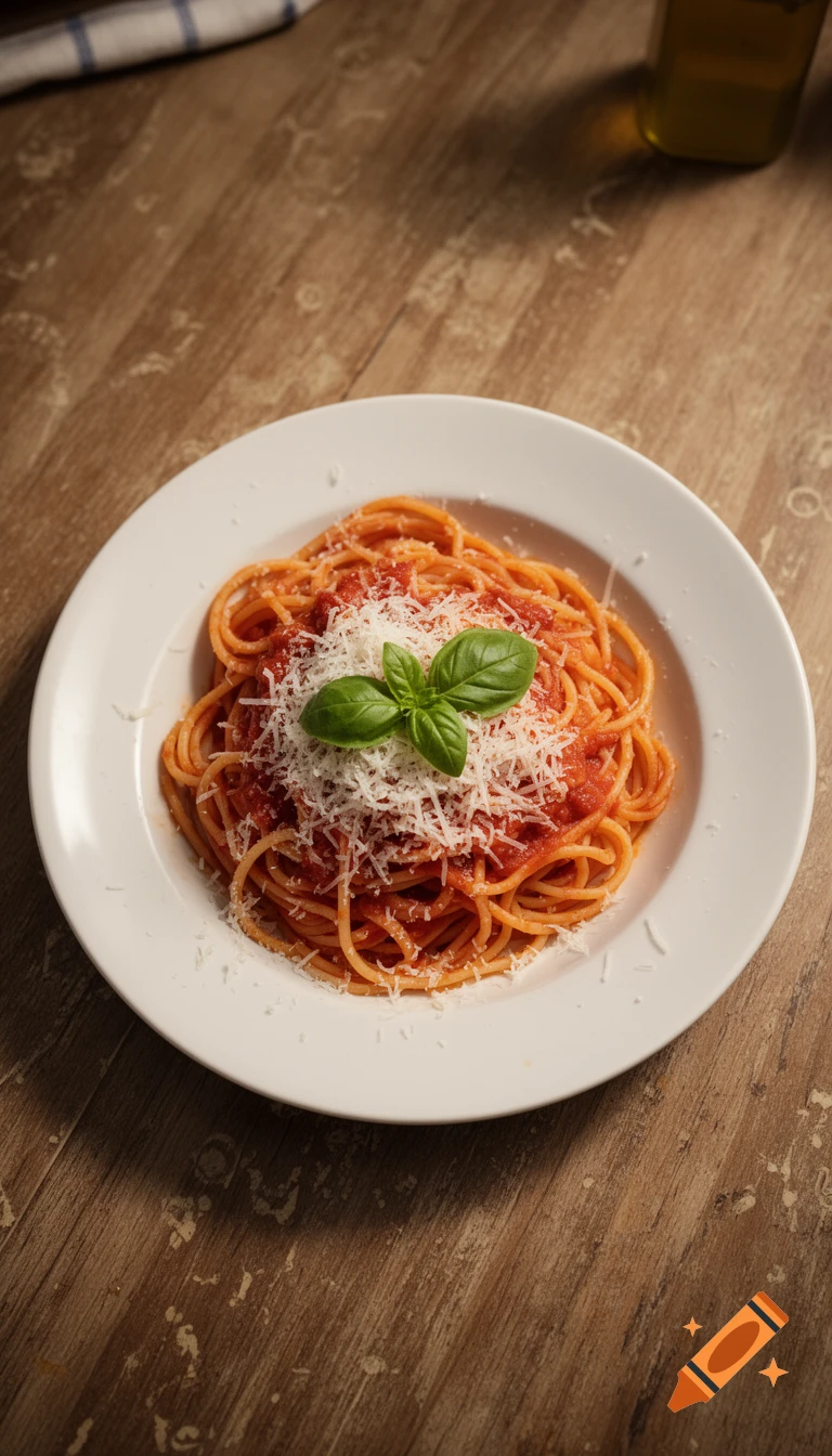 A plate of spaghetti with tomato sauce, grated cheese, and fresh basil on a wooden table, photorealistic.