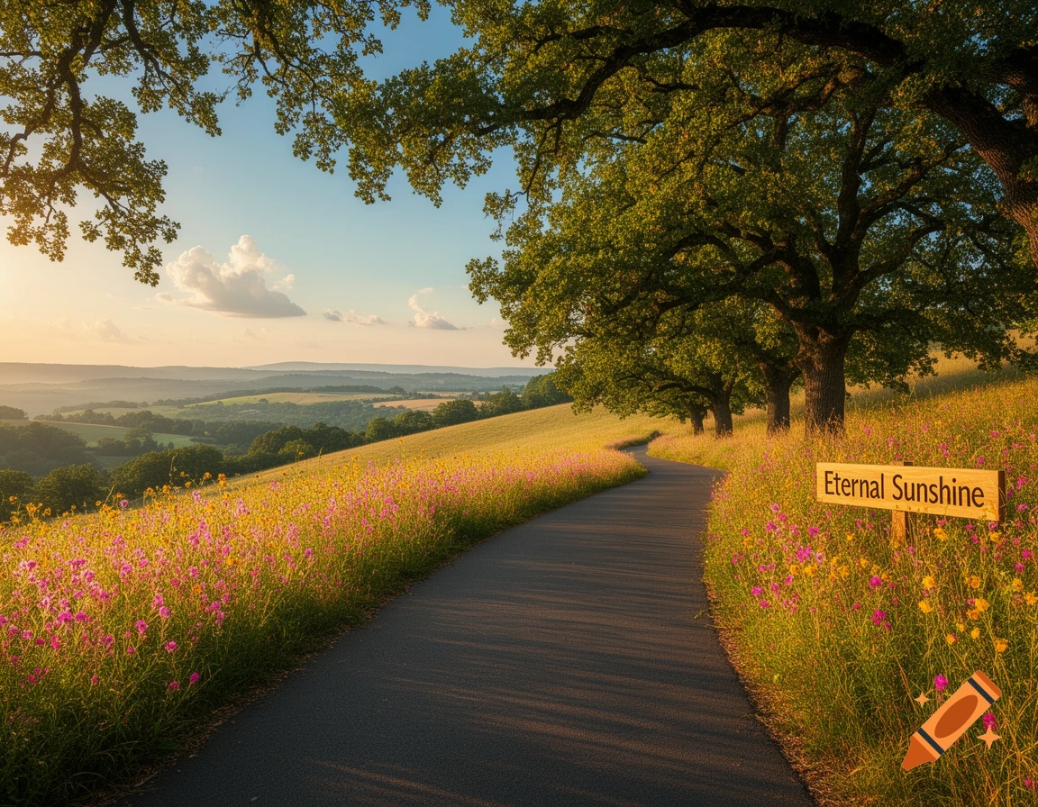 A winding road through a field of pink and yellow wildflowers, lined by trees under a bright sky. A sign reads 'Eternal Sunshine'.