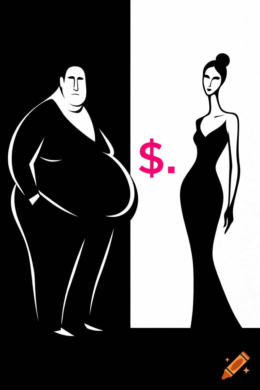 Minimalist black and white illustration of a fat man and a slender woman, separated by a pink dollar sign.