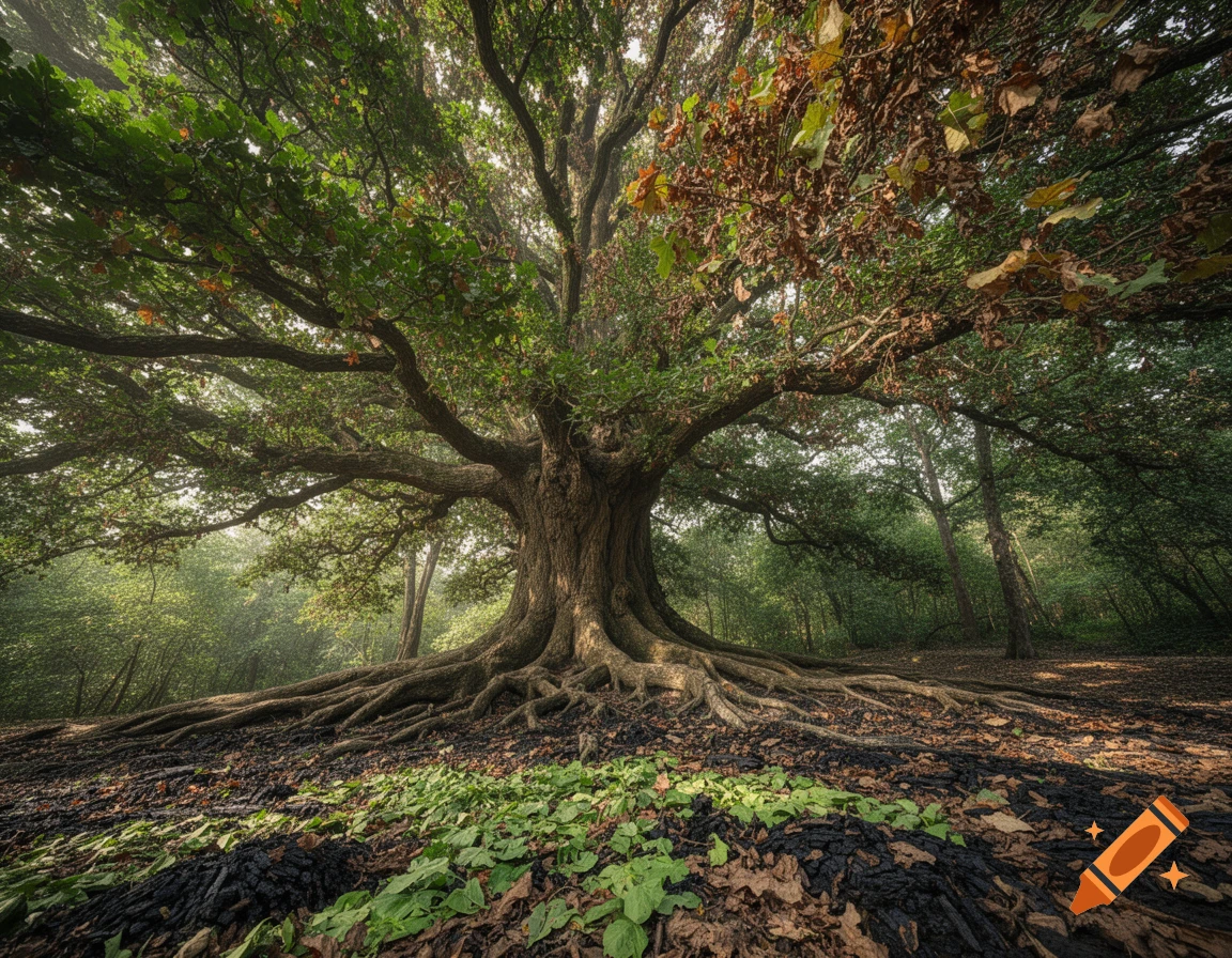 A low-angle shot of a massive, ancient tree with sprawling roots and varied foliage in a sun-dappled forest. Photorealistic.