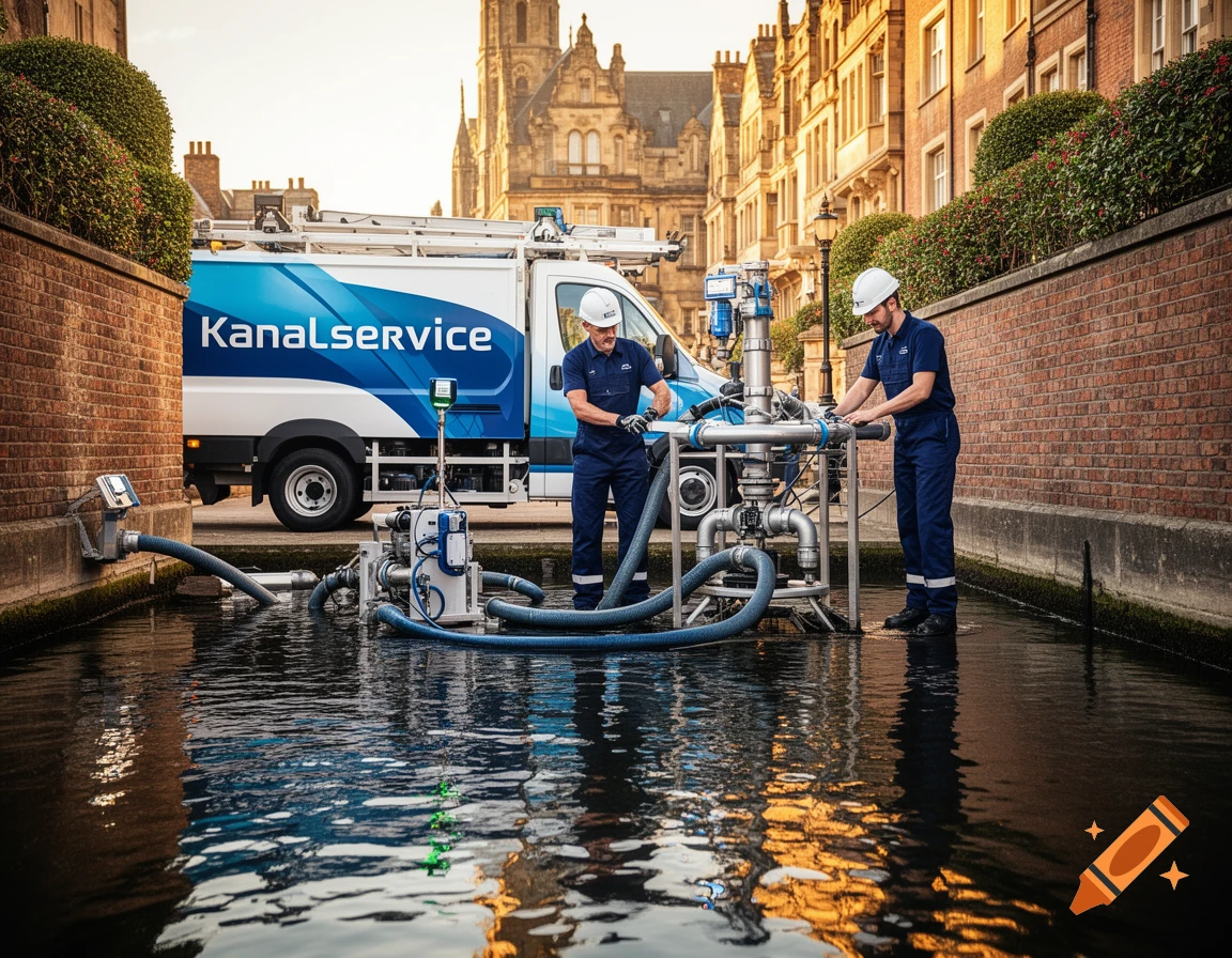 Two workers in hard hats and blue uniforms operate specialized equipment to service a canal next to a truck, with historic buildings in the background.