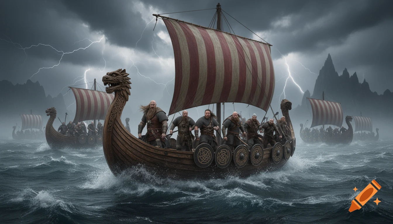 Multiple Viking longships with striped sails on a stormy, lightning-filled sea, with mountains in the background. The ships are full of armed Vikings.