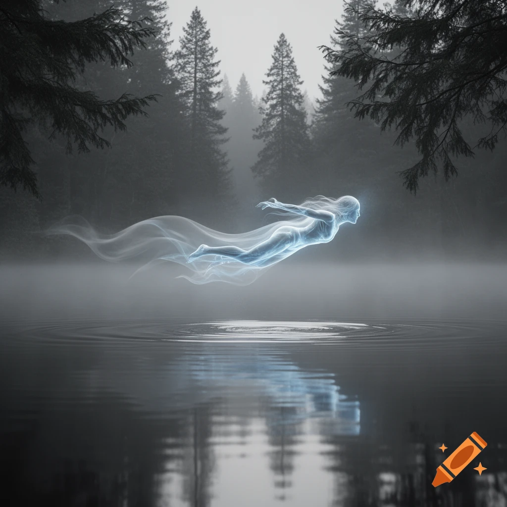 A glowing, ethereal ghost floats horizontally over a misty lake, reflecting in the water, with a dark, foggy evergreen forest in the background.