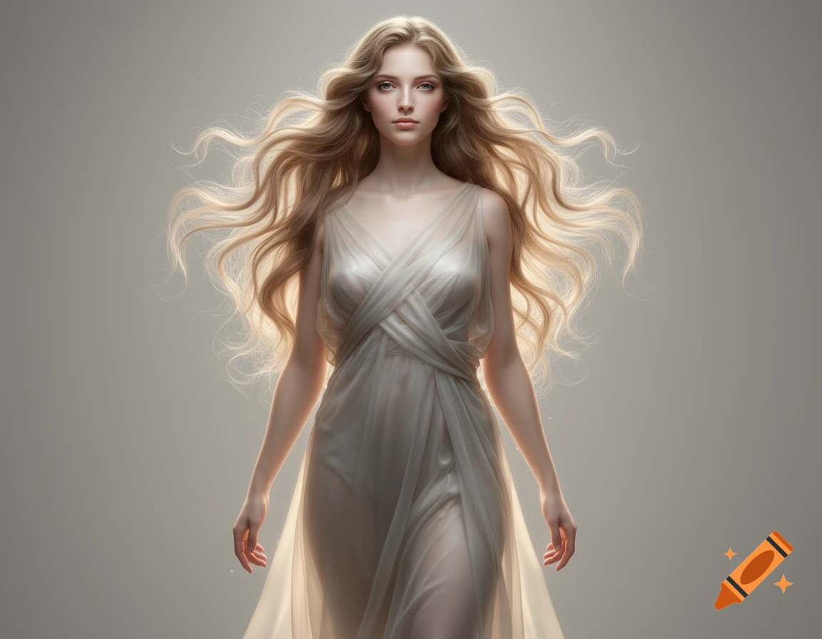 A beautiful woman with long, wavy blonde hair and a sheer white dress stands against a light, ethereal background.