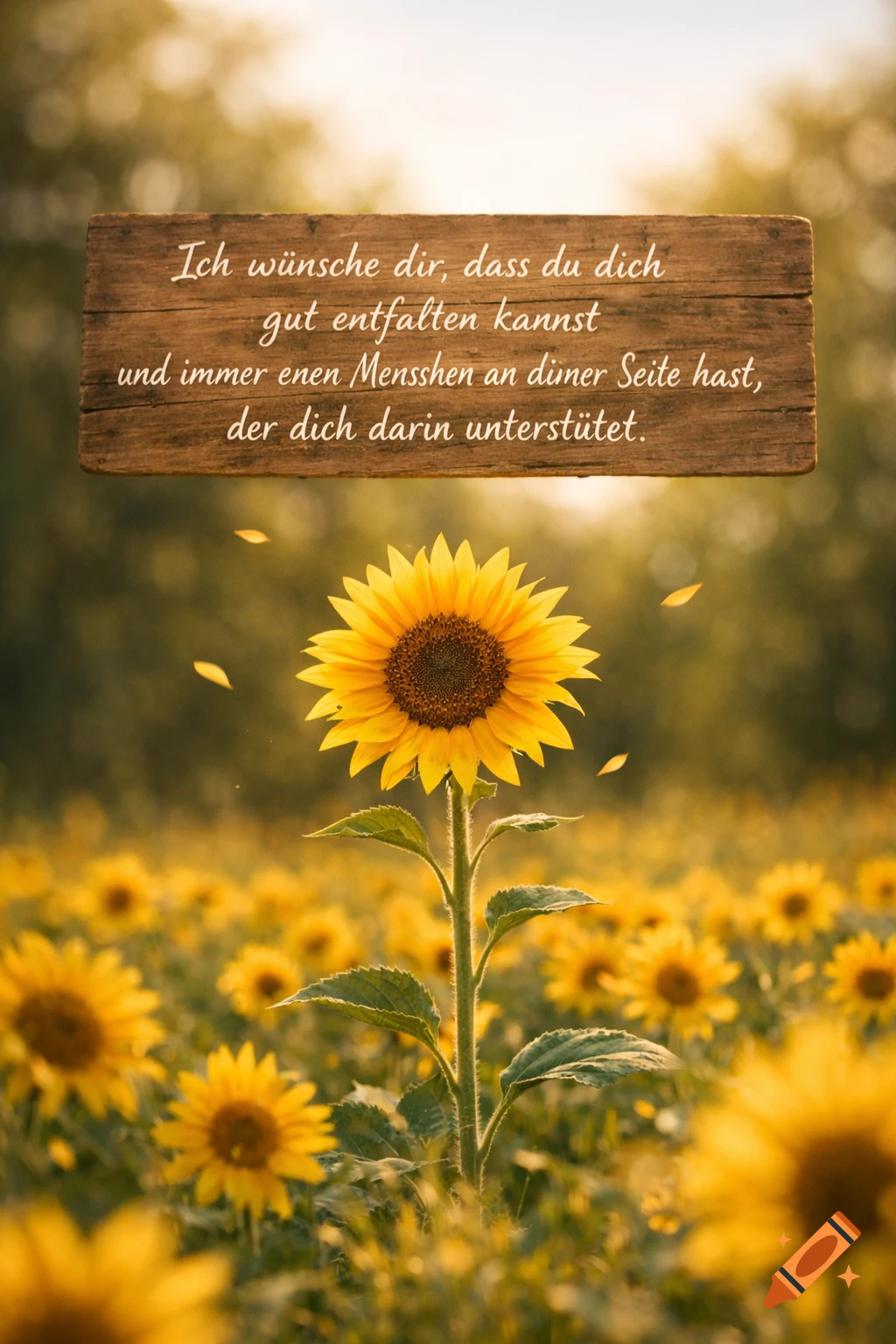 A vibrant sunflower stands tall in a sun-drenched field of sunflowers, with a wooden sign above it displaying a German quote.