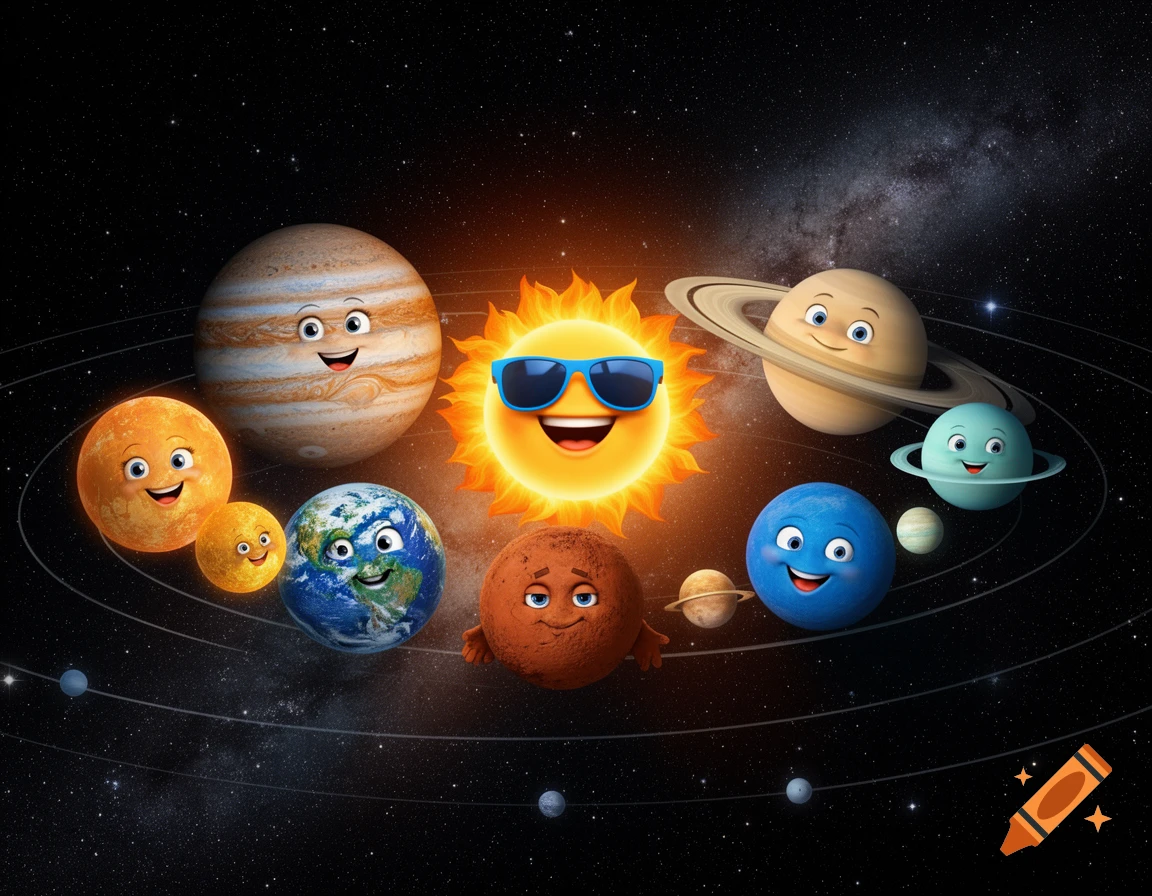 Smiling cartoon sun wearing sunglasses surrounded by smiling cartoon planets in space, depicting the solar system.