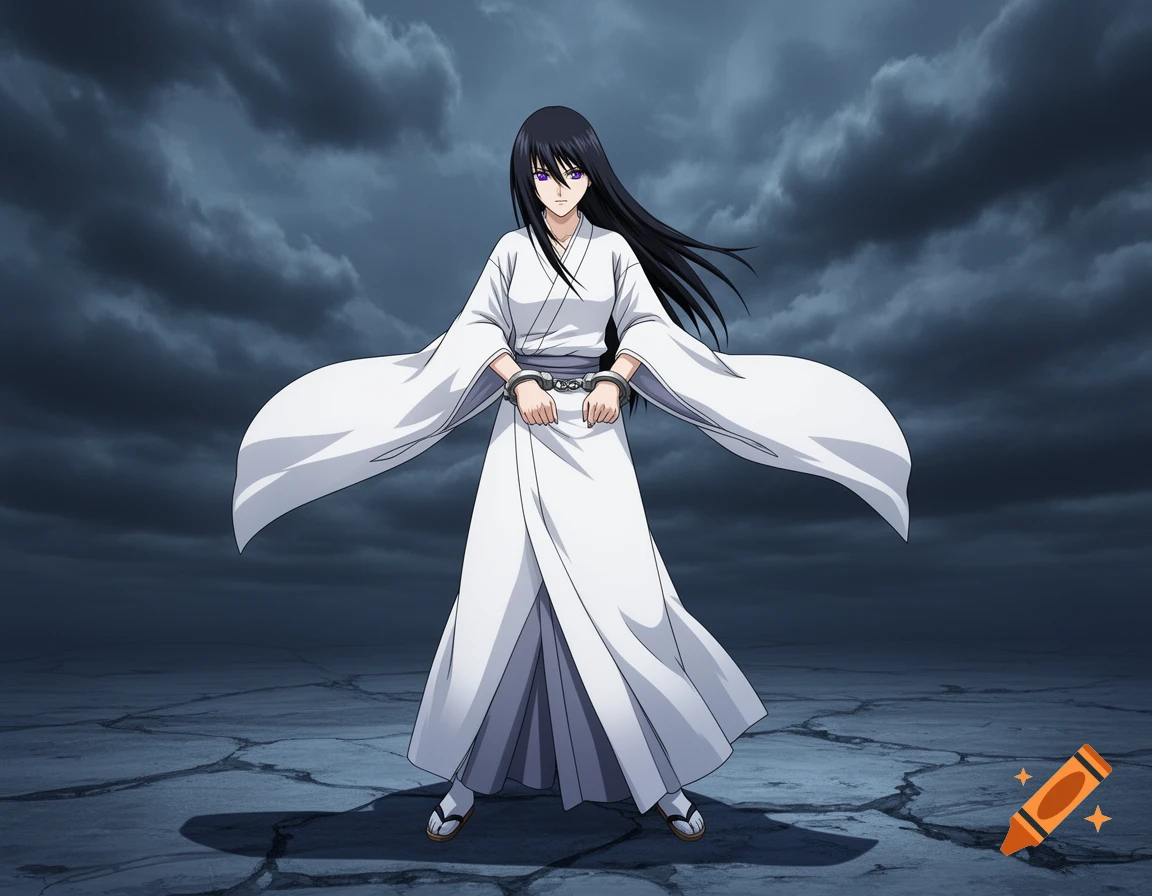 Anime woman with long black hair and purple eyes, wearing a white ...