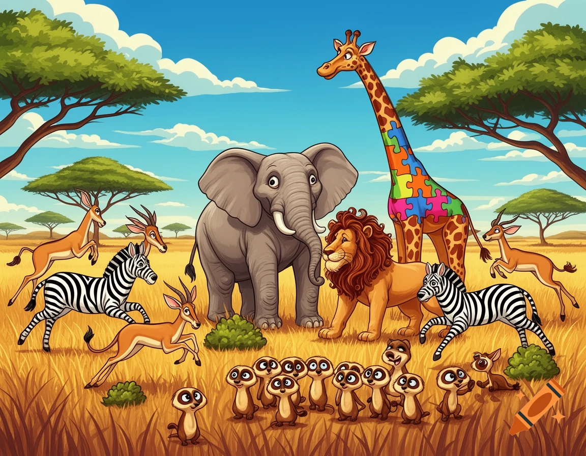 Cartoon safari scene with an elephant, lion, zebras, antelopes, meerkats, and a puzzle-patterned giraffe in a savanna.