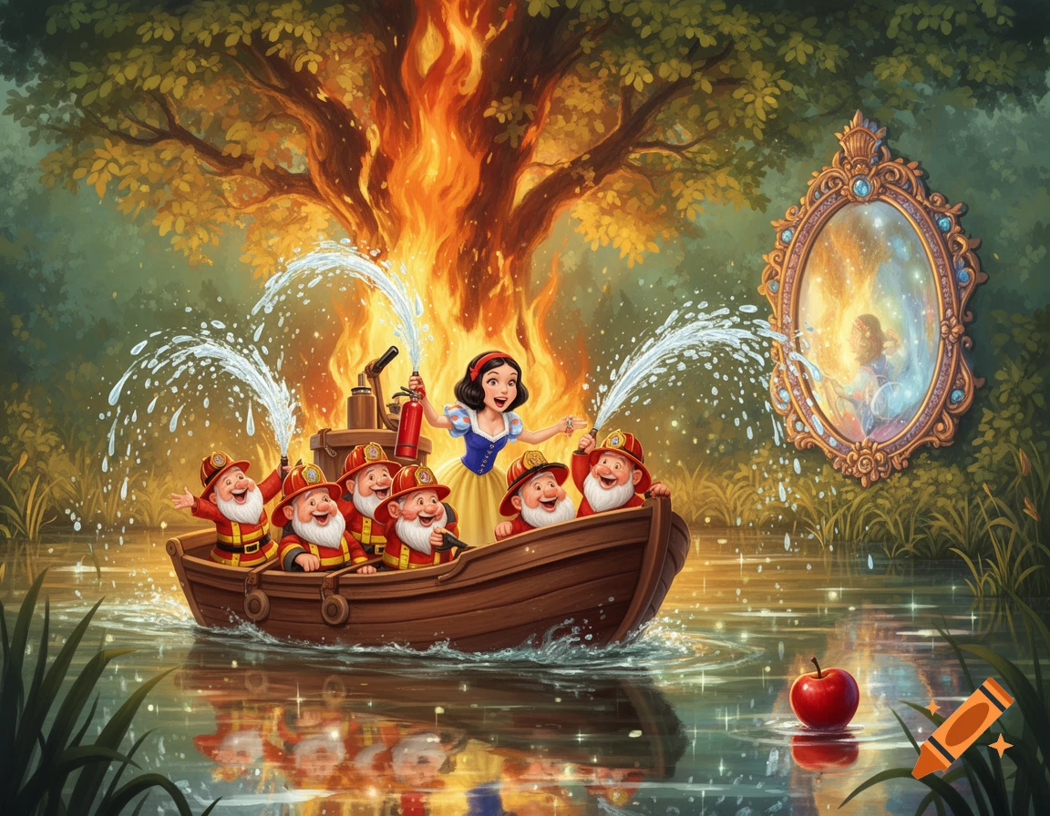 Snow White and seven firefighter dwarfs in a wooden boat spray water at a burning tree, with a magic mirror and a floating red apple.