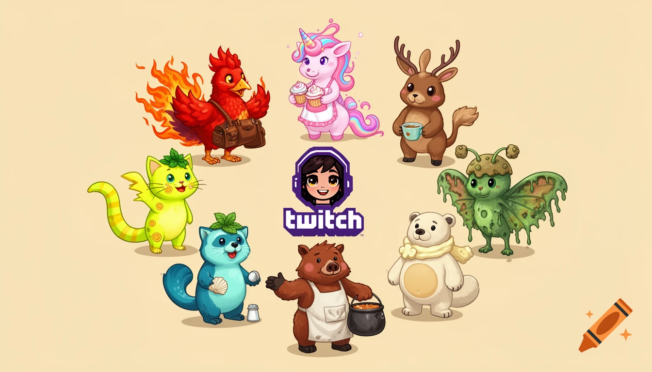 A cartoon illustration of nine cute animal mascots in a semi-circle around a central Twitch logo and avatar.