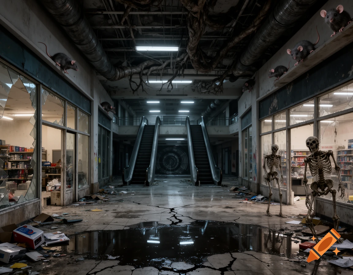 Photorealistic, eerie scene of an abandoned shopping mall with broken windows, debris, puddles, rats, and two skeletons.