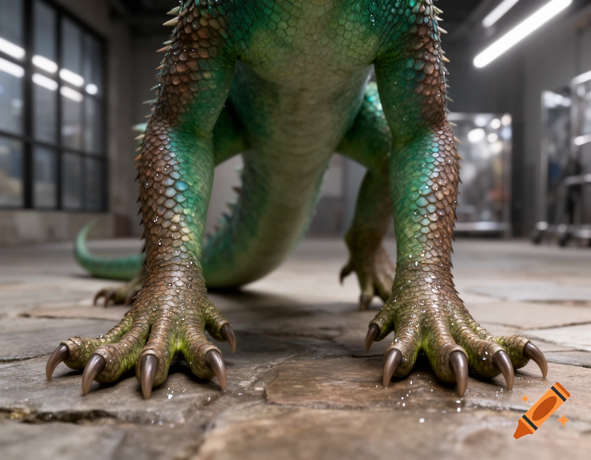 Close-up, photorealistic view of a green and brown scaly lizard creature's feet and lower legs on a wet stone floor, with water droplets.