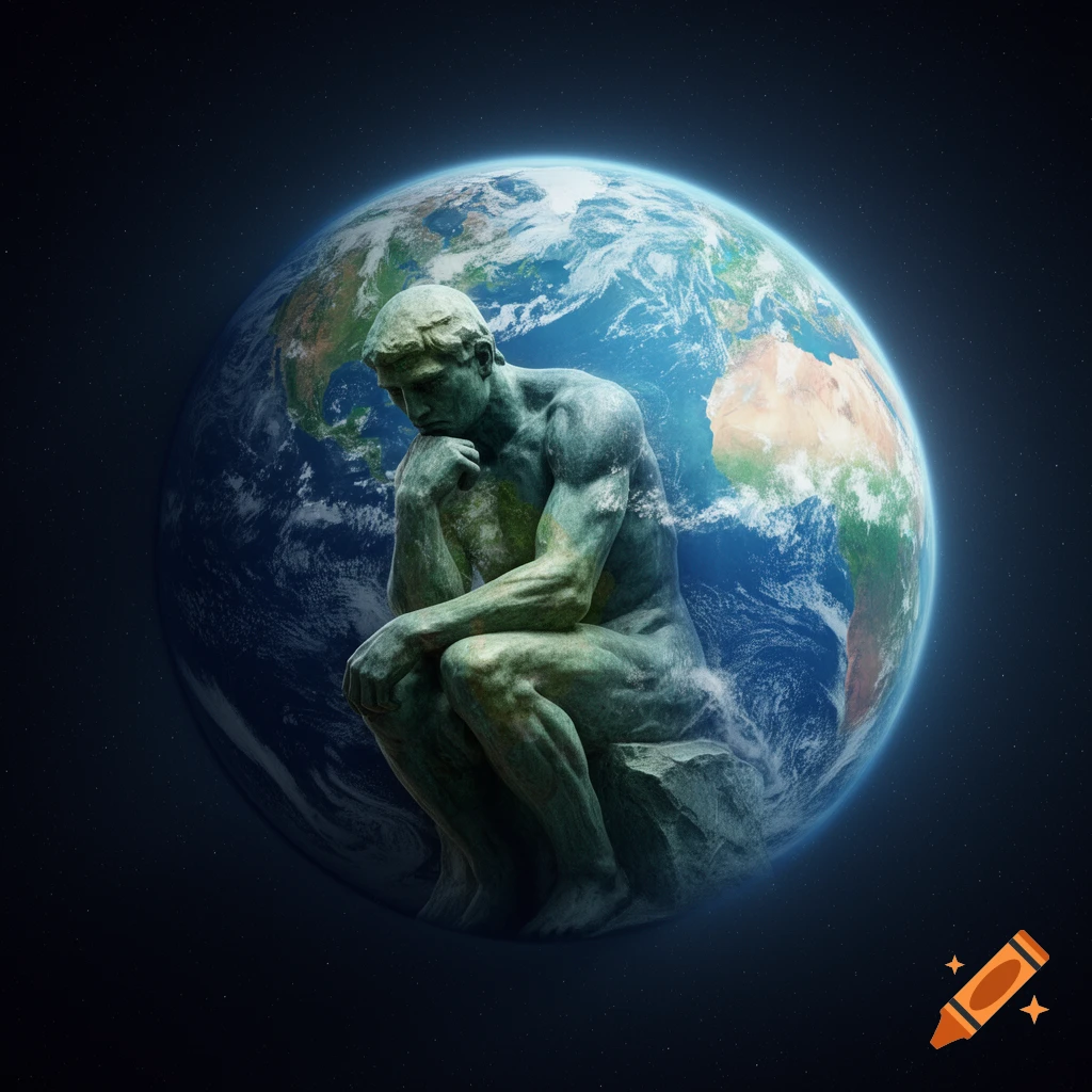 A bronze statue of The Thinker superimposed against a detailed view of planet Earth in a starry space.
