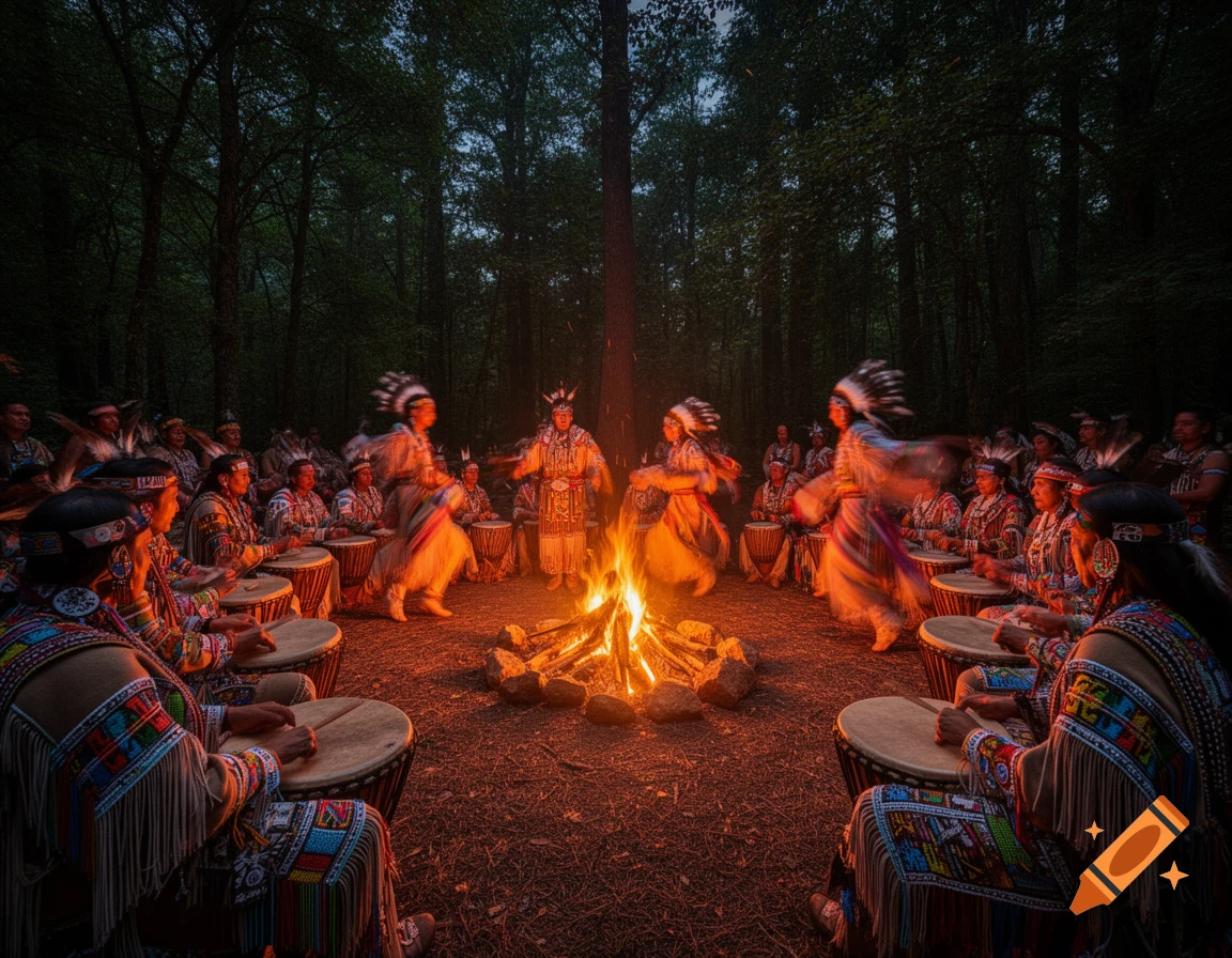 Indigenous people in traditional attire gathered around a bonfire at night, with some playing drums and others dancing in a forest.