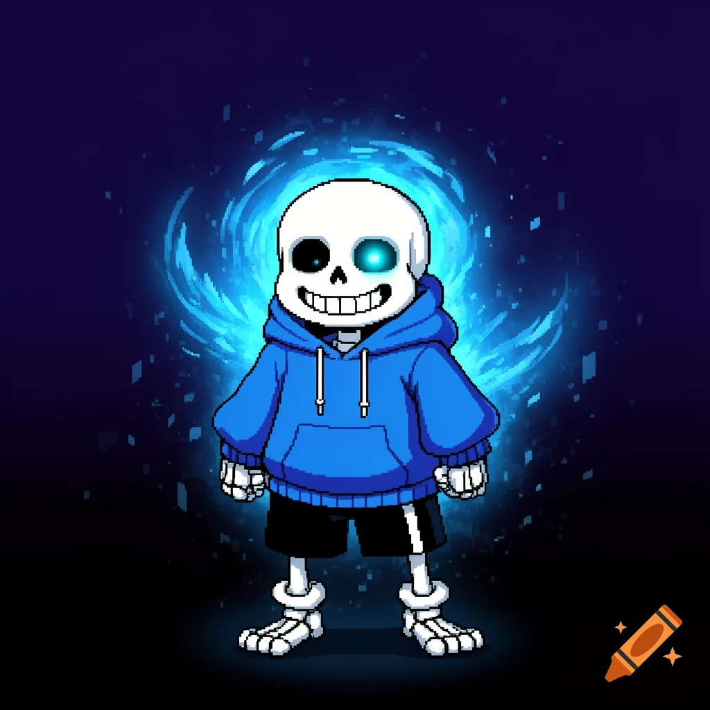 Pixel art of Sans from Undertale, a skeleton in a blue hoodie and shorts, surrounded by a glowing blue aura.