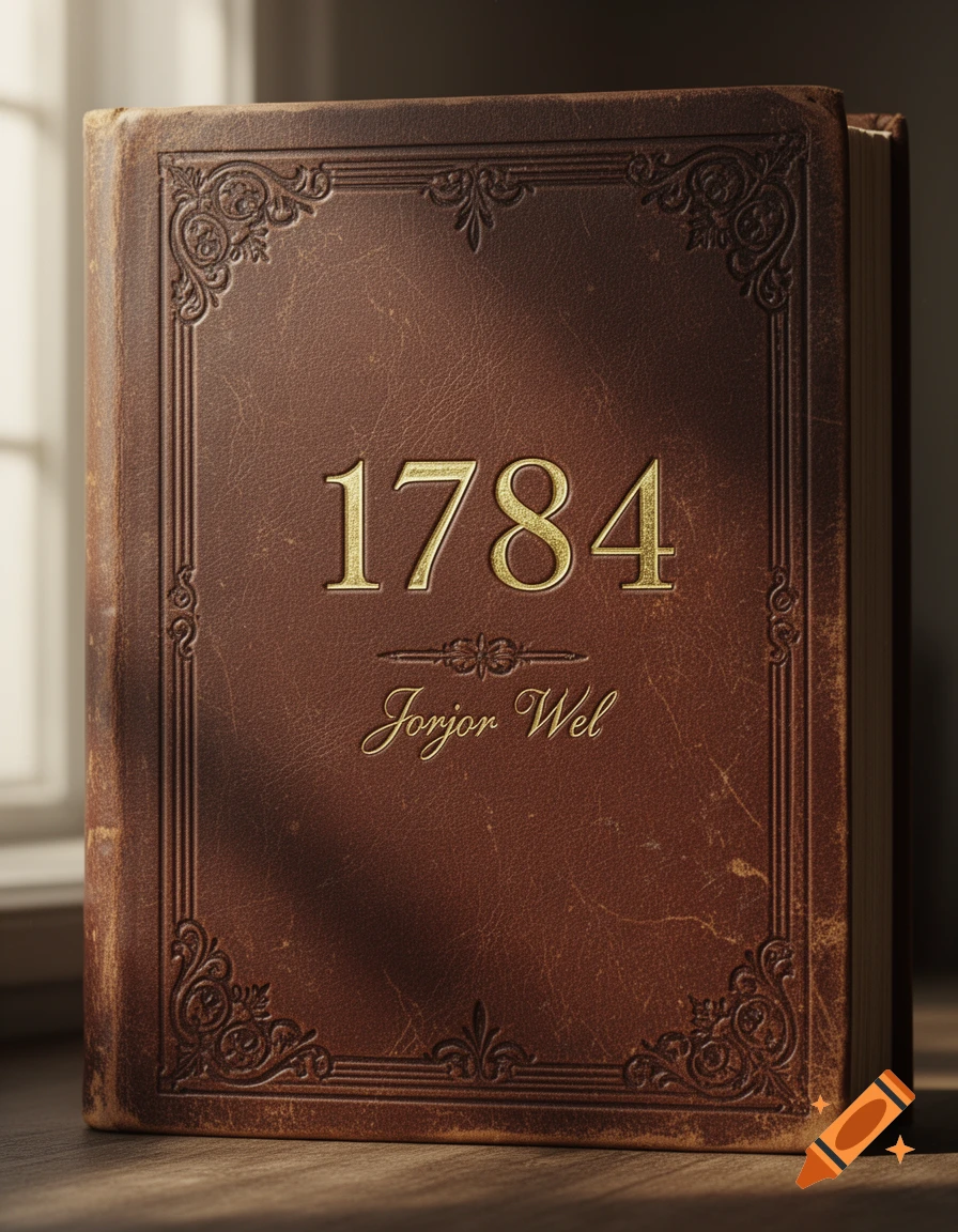 An old, brown leather-bound book titled '1784' by 'Jorjor Wel' with gold embossed text and ornate borders, standing on a wooden surface in sunlight.